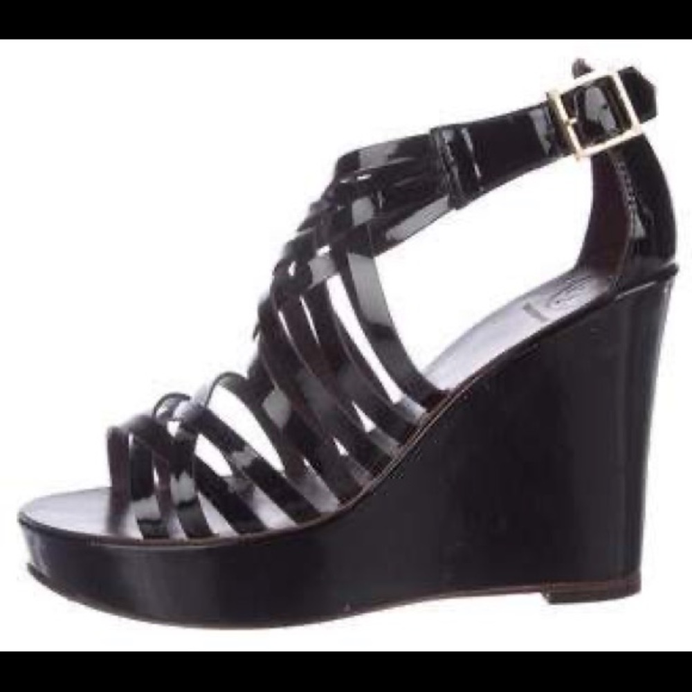 Tory Burch patent black wedges